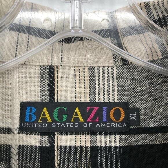 Bagazio Men's Linen Shirt XL Plaid Black & Cream Short Sleeve Button Up Front - Picture 7 of 8